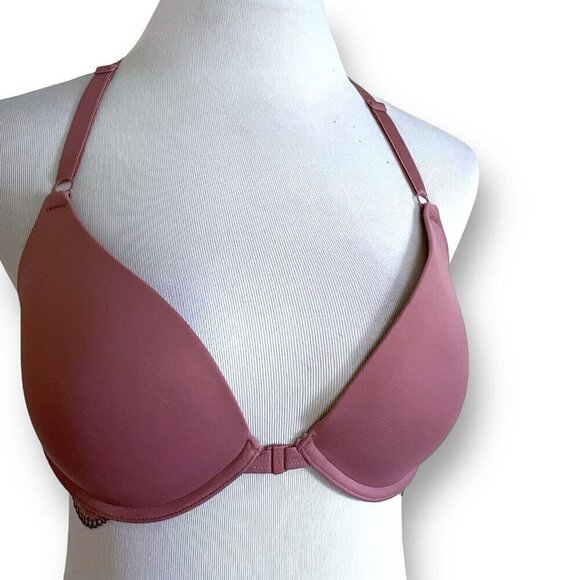 La Senza Obsession 36C Bra Mauve Padded Push Up Underwire Front Close Lace Back - Picture 2 of 8
